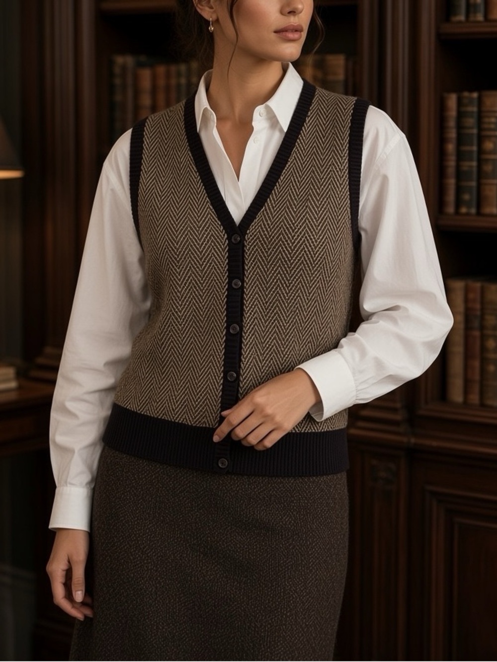 Worthington Wool Cashmere Herringbone Sweater Vest Medium Tan Brown V-Neck